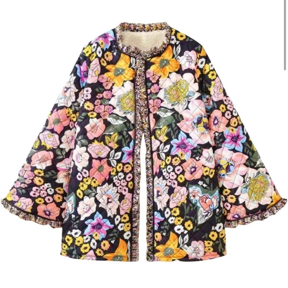 Sherpa lined ruffle trimmed printed quilted jacket - Size L